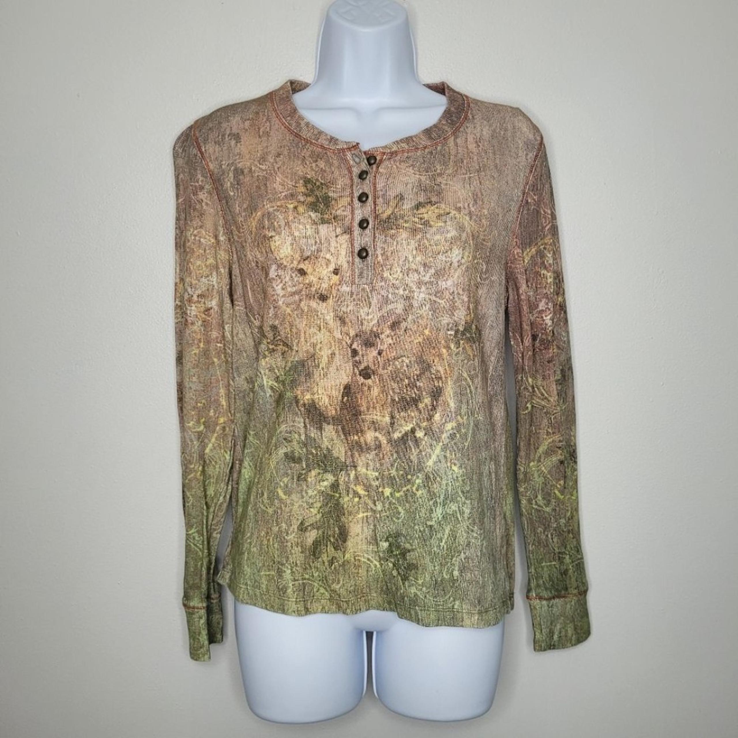 Grunge fairy green brown woodsy Henley long sleeve goblincore top size Medium