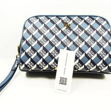 TORY BURCH Geo Logo Essentials Pouch with Removable Strap Navy Geo Allover