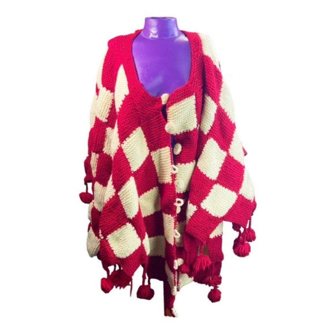 Garnet Hill red white check knit pom pom wool poncho One Size