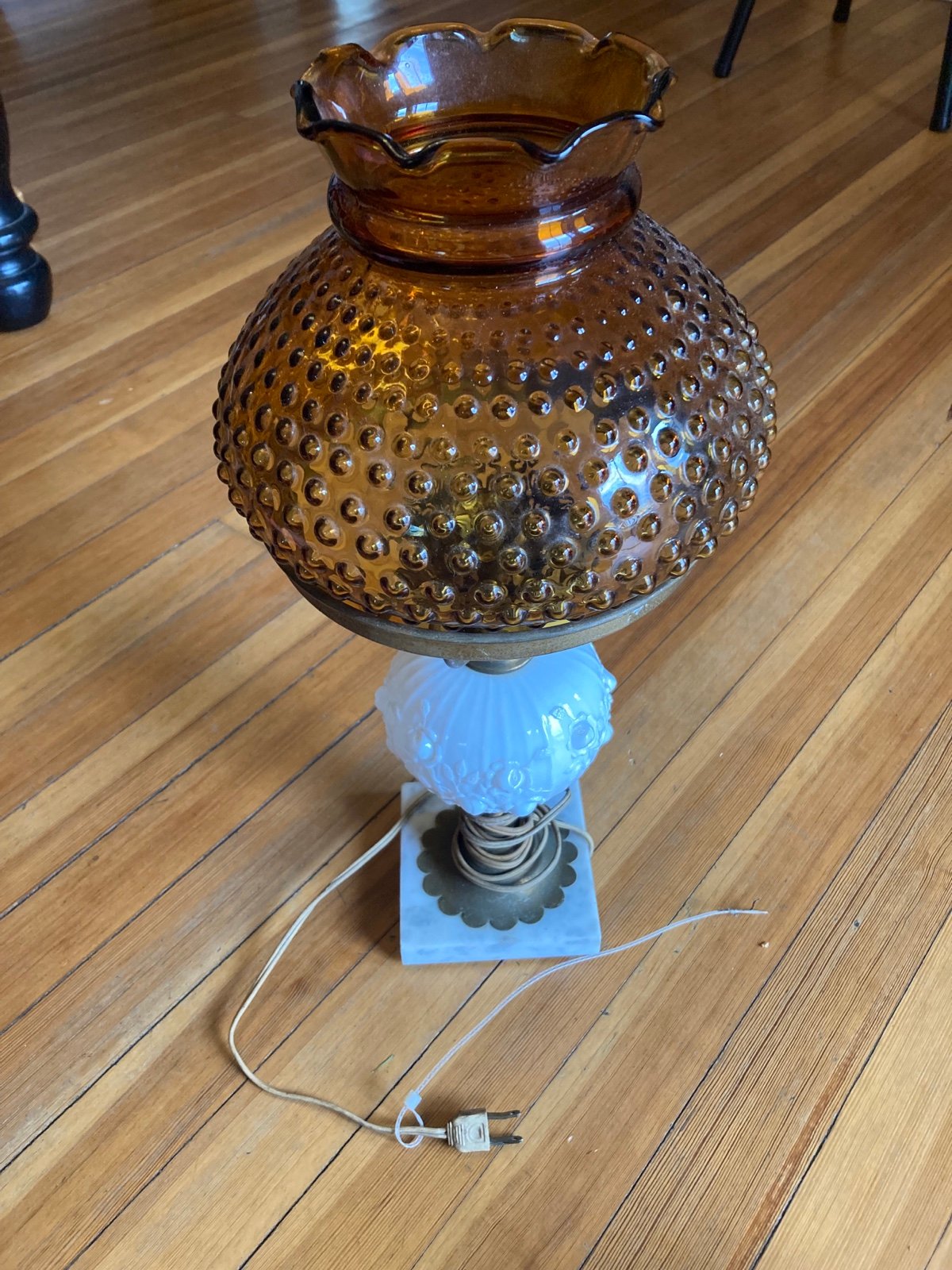 Amber Shade Milk Glass Lamp with with white flowers