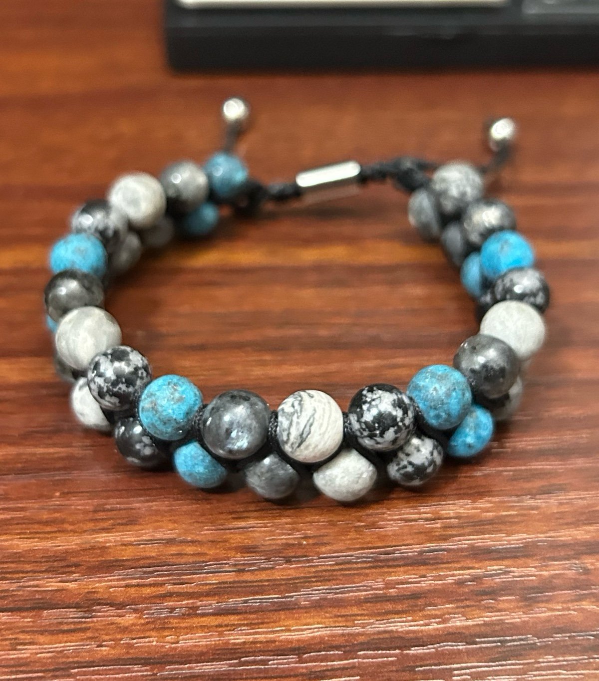 Natural stone blue gray silver black beaded handmade double strand bracelet