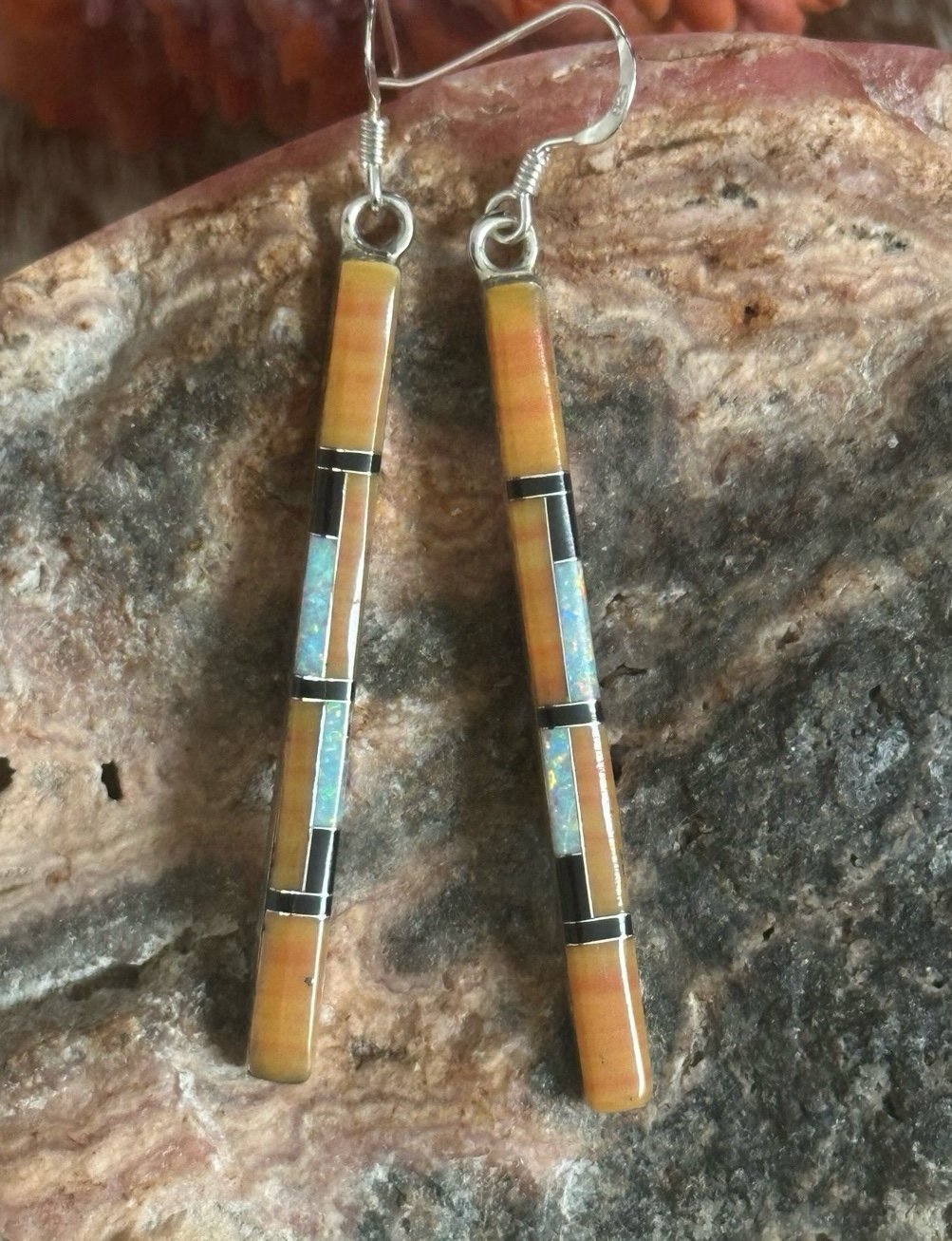 Navajo Mookaite Onyx Opal Inlay Bar Sterling Silver Earring