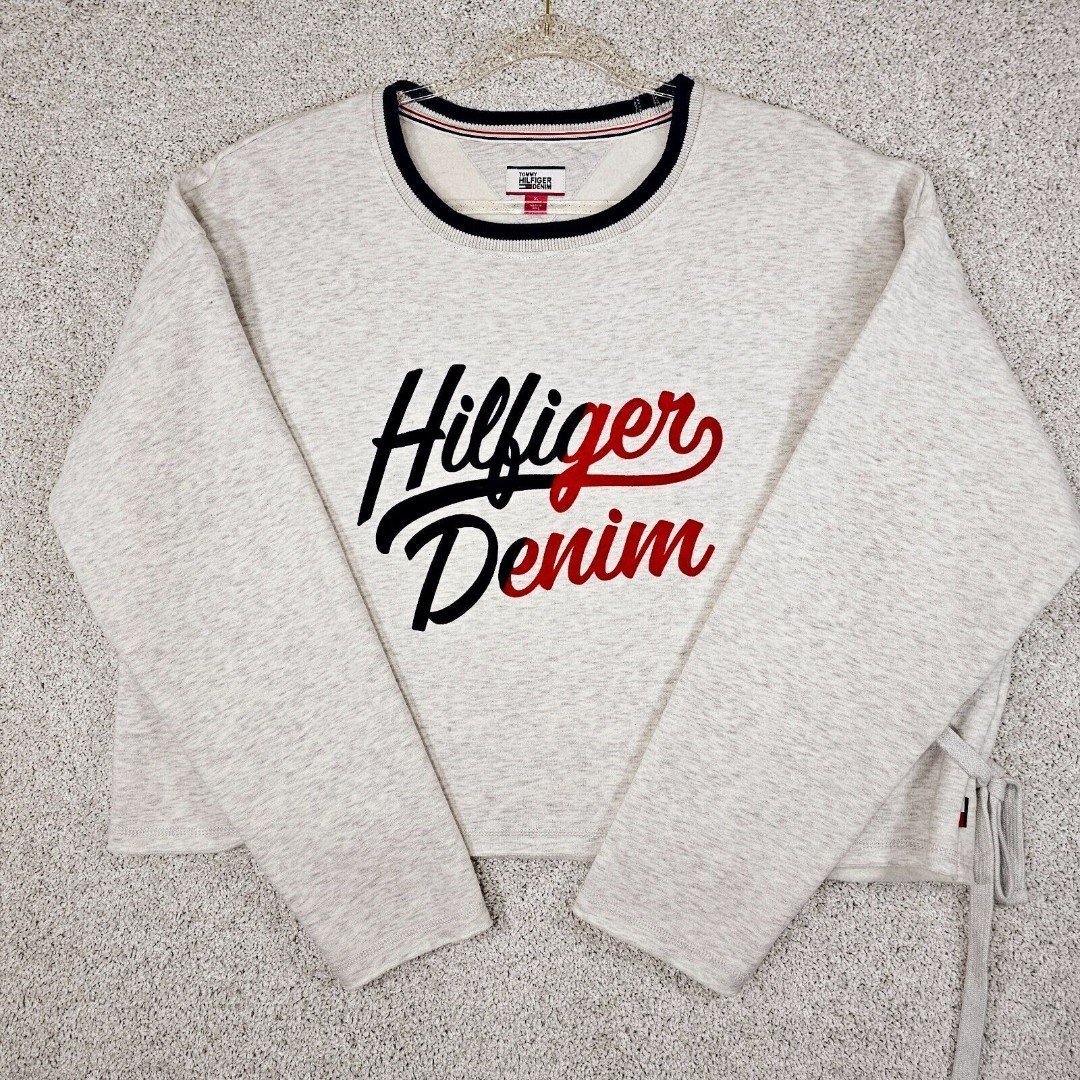 Tommy Hilfiger Denim Sweatshirt w/Side Tie Crop Pullover Women's Size XL