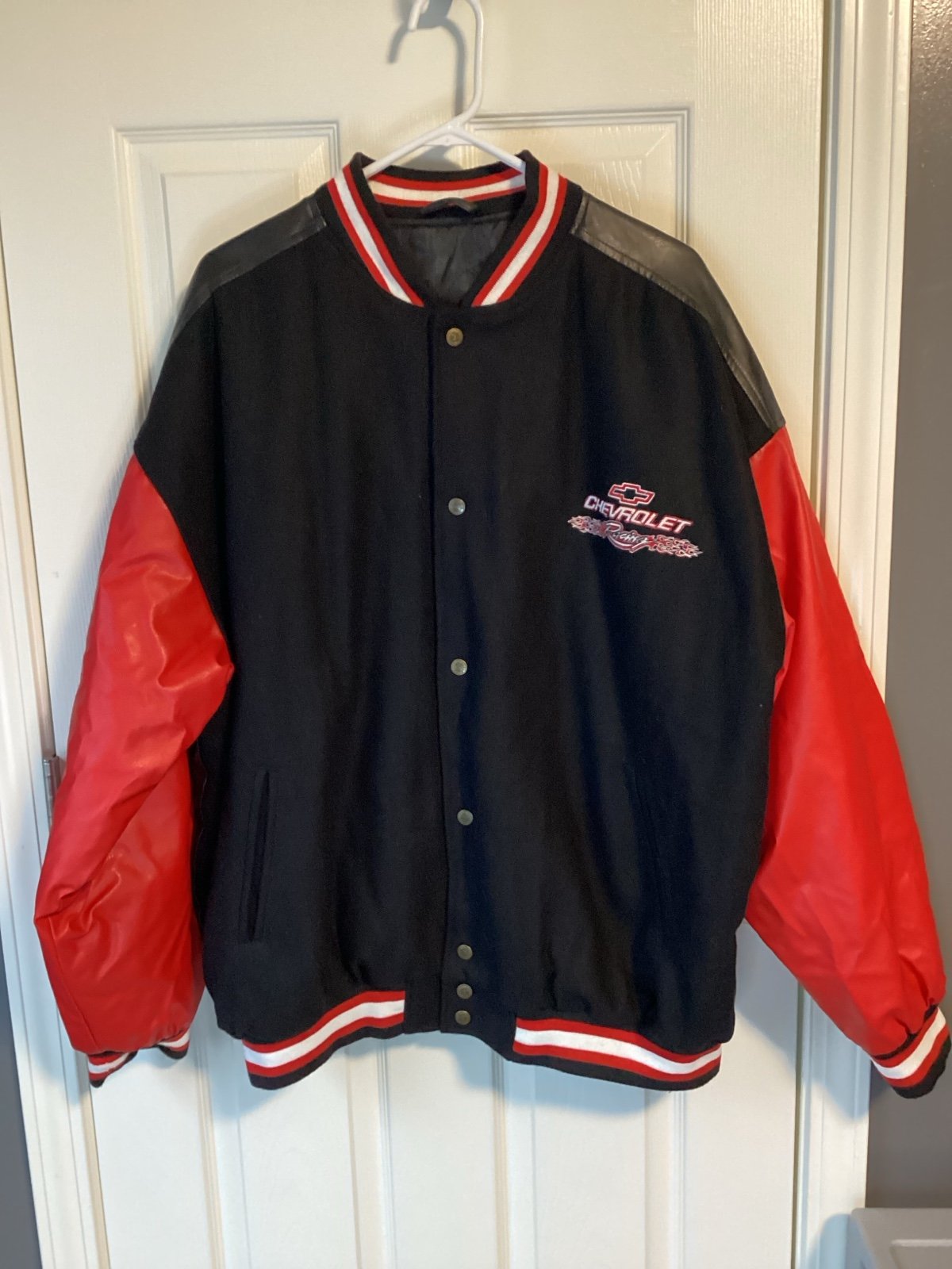 Black and red faux leather Chevrolet Racing jacket by Steve & Barry’s-size xxl