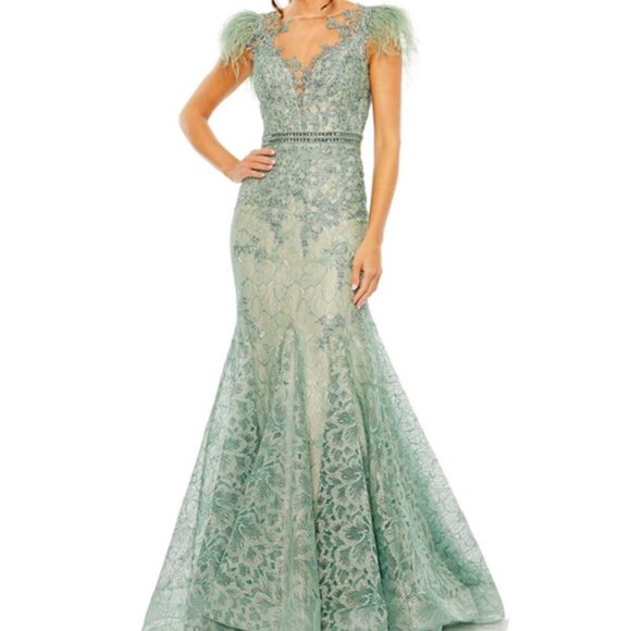 Mac Duggal Sage Green Illusion Sequin Lace Feather Sleeve Mermaid Gown