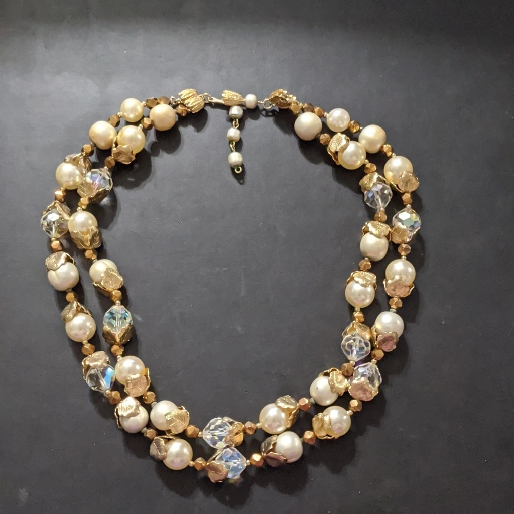 Vintage 1950's Vandome Gold Tone White Clear Crystal Layered Statement Necklace