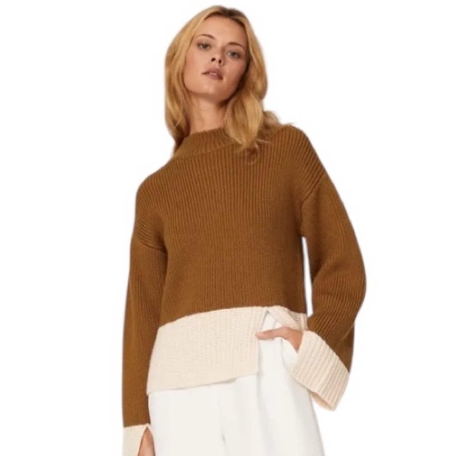 Victor Alfaro Colorblock Sweater Crewneck in Brown Cream Wool Blend Size Small