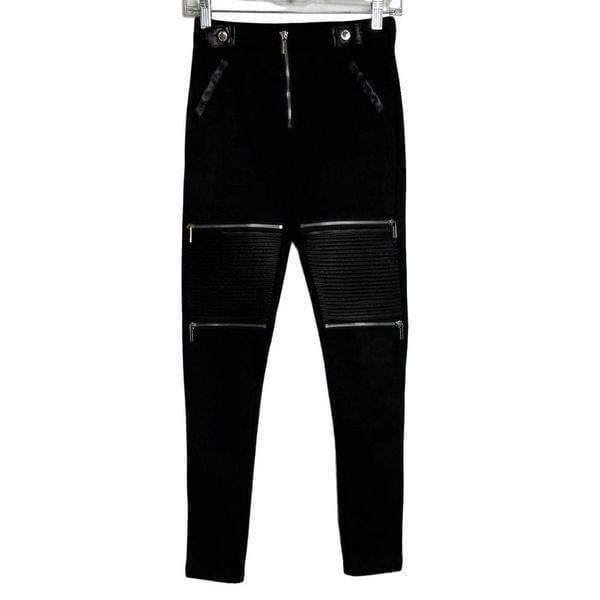 Maniere De Voir Moto Zipper Vegan Suede Skinny Biker Pants Black XS