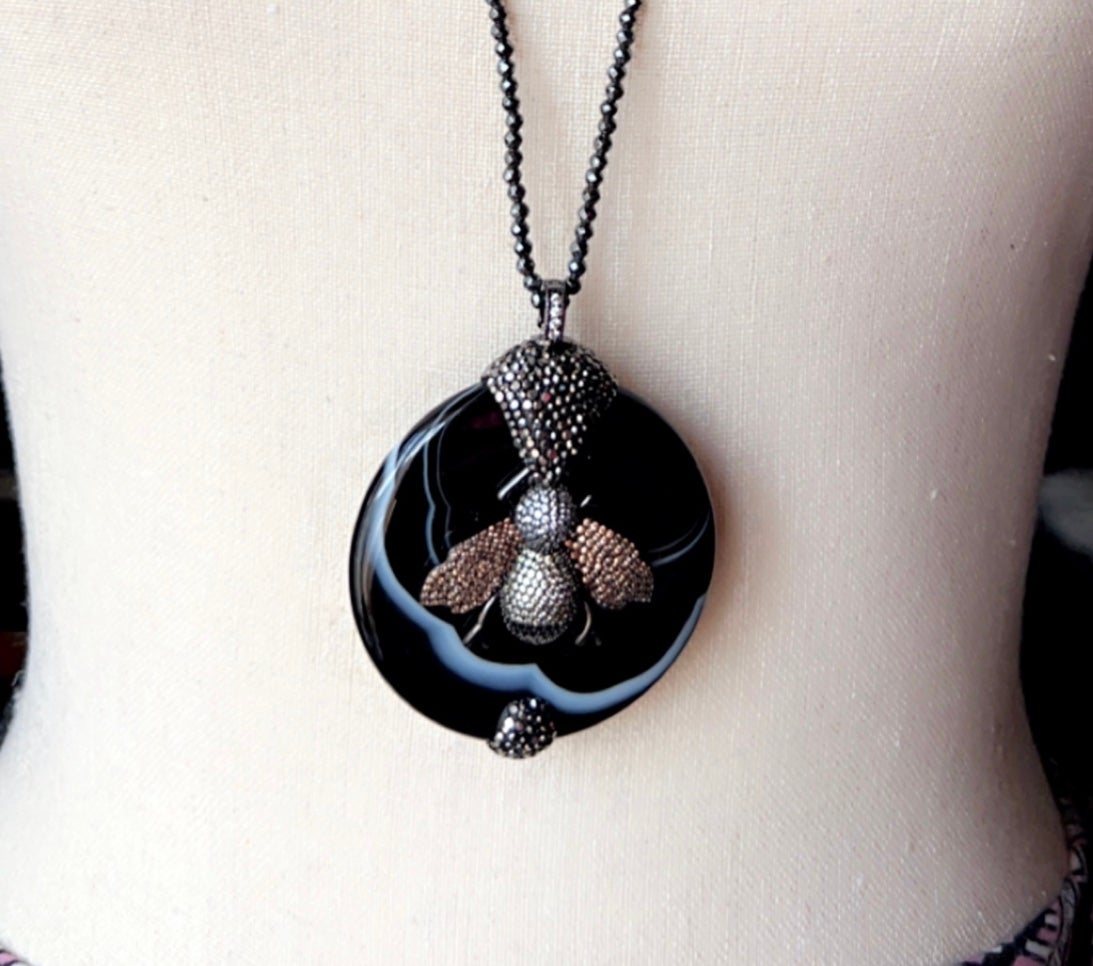 Genuine black & white Agate stone “Bea” Bee Necklace - Park Lane Jewelry