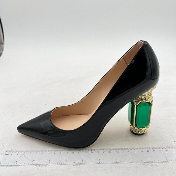 FSJ Black Bridal Pointed Toe Chunky High Heel Crystal Pump Wedding Dress Shoes