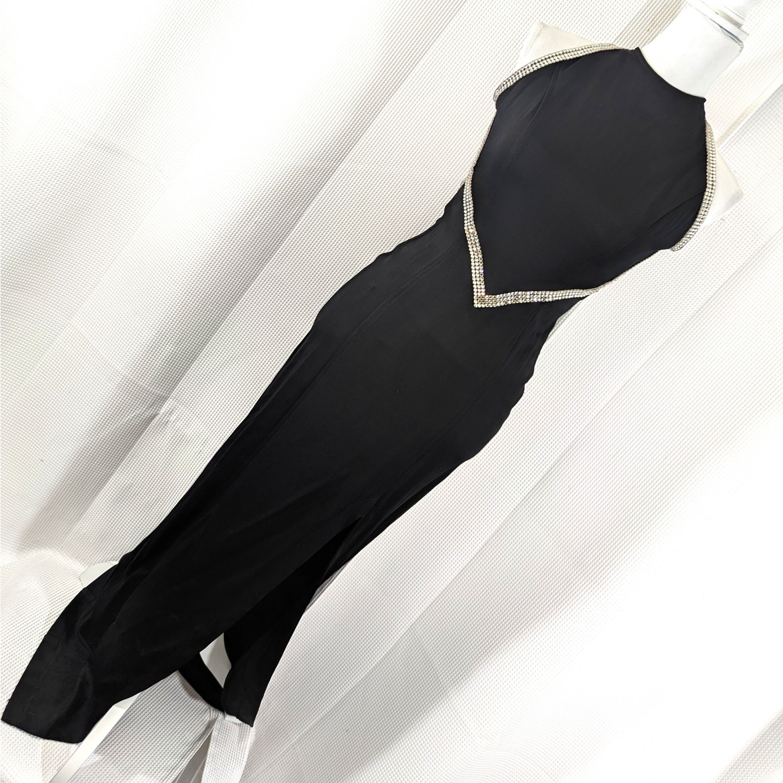 CACHE! STUNNING BLACK STRETCH KNIT, RHINESTONE RIBBONED MAXI GOWN, DRESS! SZ XS