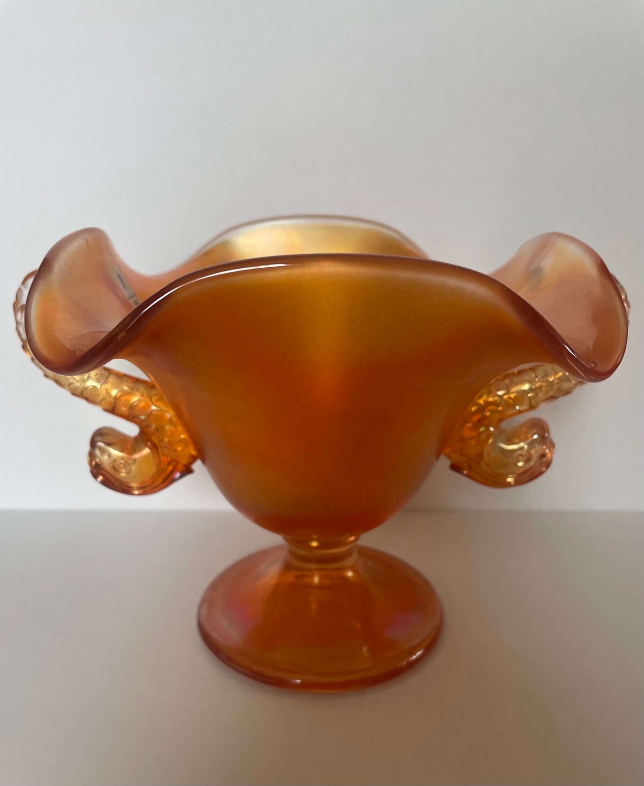 Fenton Marigold Carnival Glass Dolphin Compote