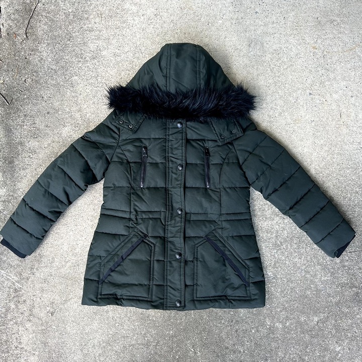 Guess Women’s Winter Parka Coat Olive Green Black Faux Fur Removable Hood Large