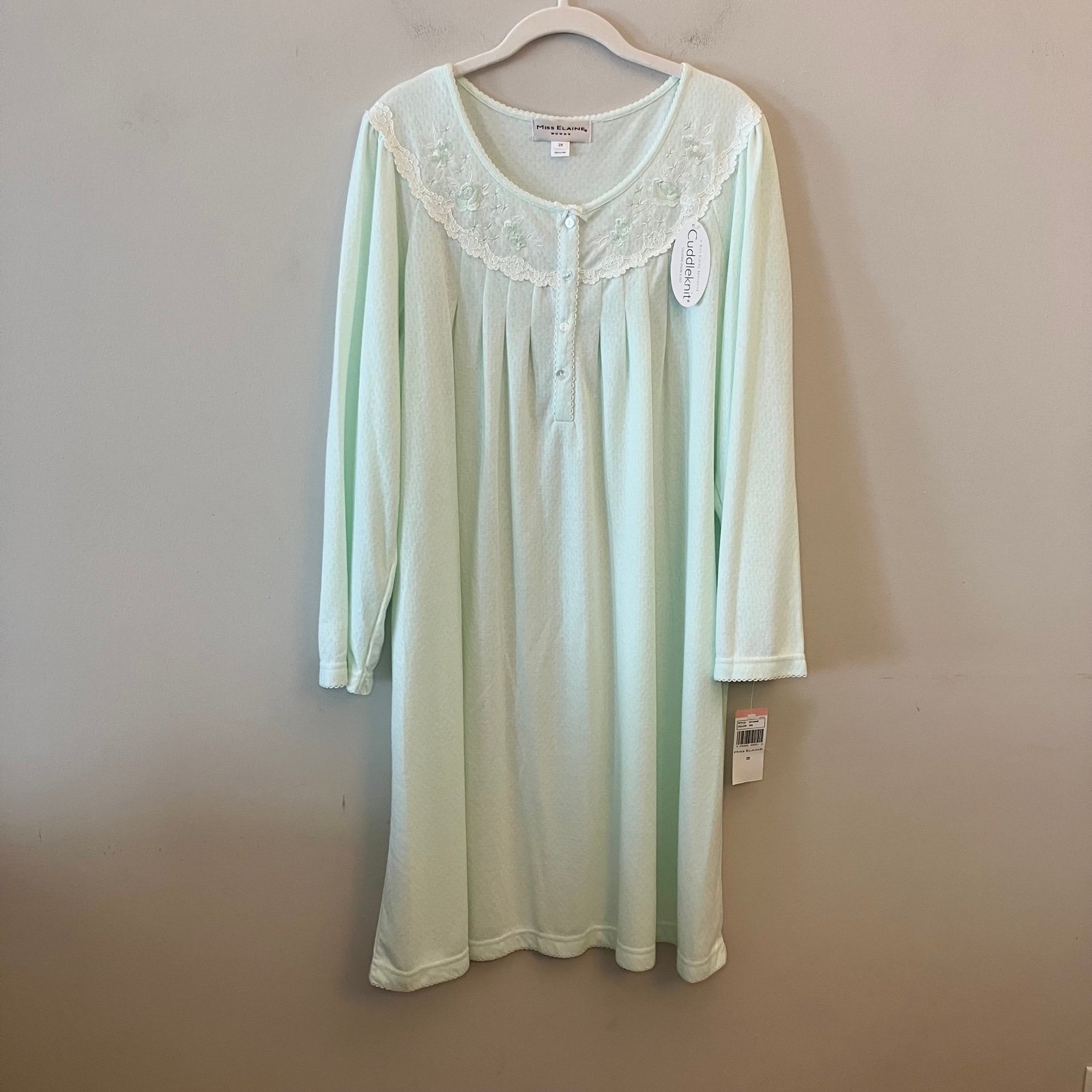 NWT Miss Elaine Cuddleknit Short Nightgown Long Sleeve Light Green Pistachio 2X