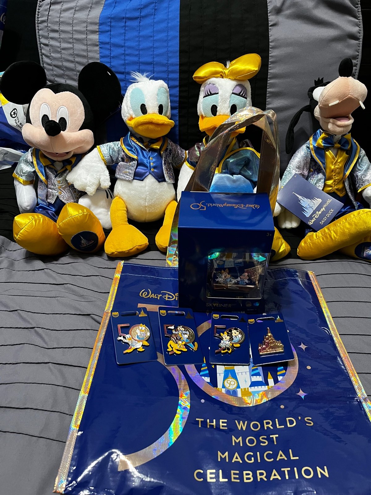 HUGE Disney 50th Anniversary Lot of Plush, Pins, Skyliner & Bag