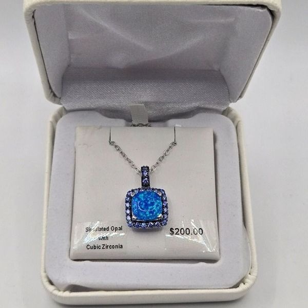 New Simulated Opal Cubic Zirconia Pendant Necklace Sterling Silver Chain
