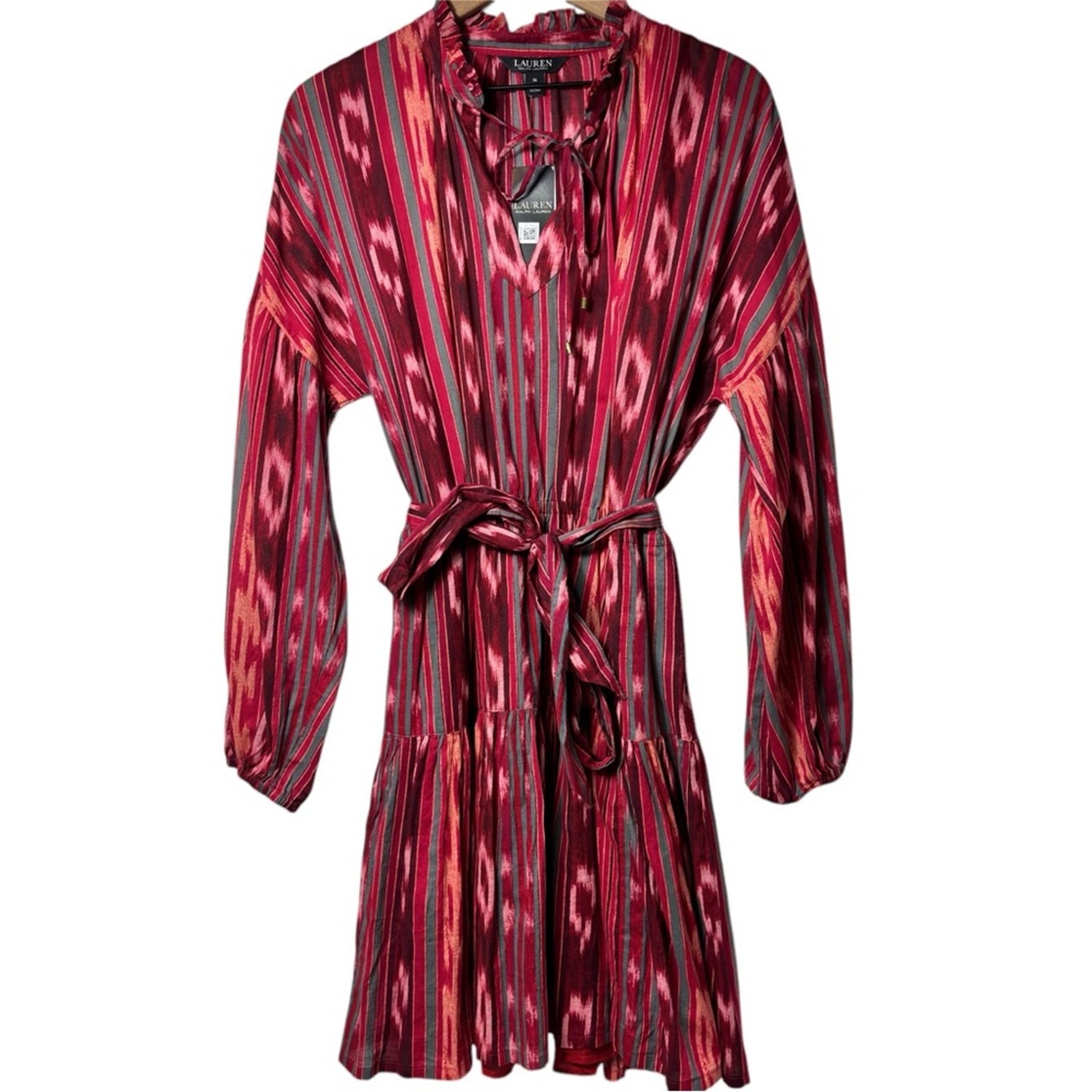 Lauren Ralph Lauren GEO-STRIPED BELTED COTTON VOILE WOMEN DRESS 14 BRAND NEW