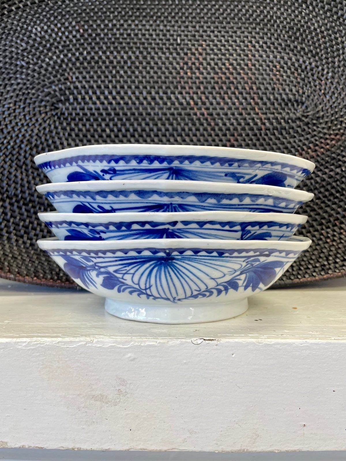 Four Fine Handmade Asian Noodle Bowls Blue White