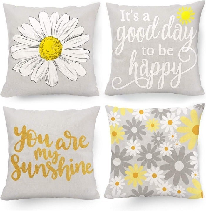 (Only Covers) Set of 4 Sunflower Throw Pillow Covers Yellow and Grey, 18 x 18