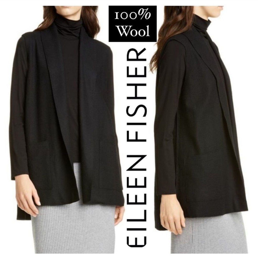 Eileen Fisher Women's Shawl Collar Wool Vest Black Pockets Boiled Wool