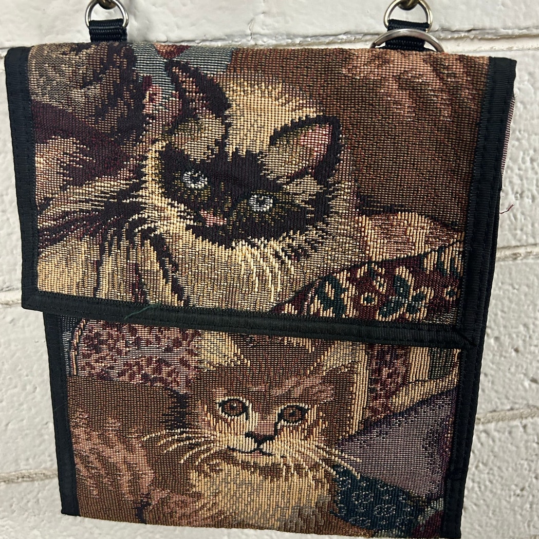 Danny K brand crossbody tapestry cat Pattern. Coin purse and glasses case.