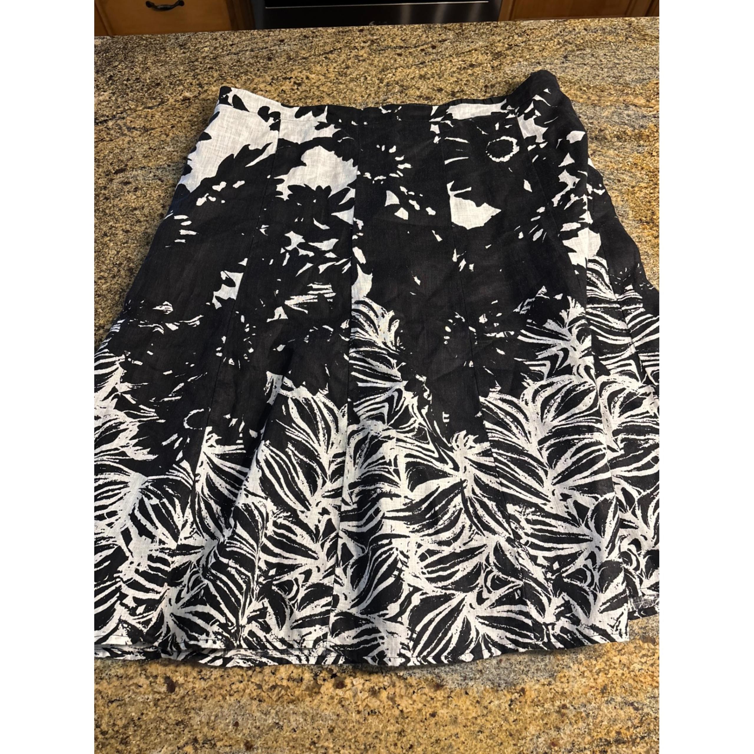 Coldwater Creek 100% Linen Floral Print A-Line Skirt Black White XL