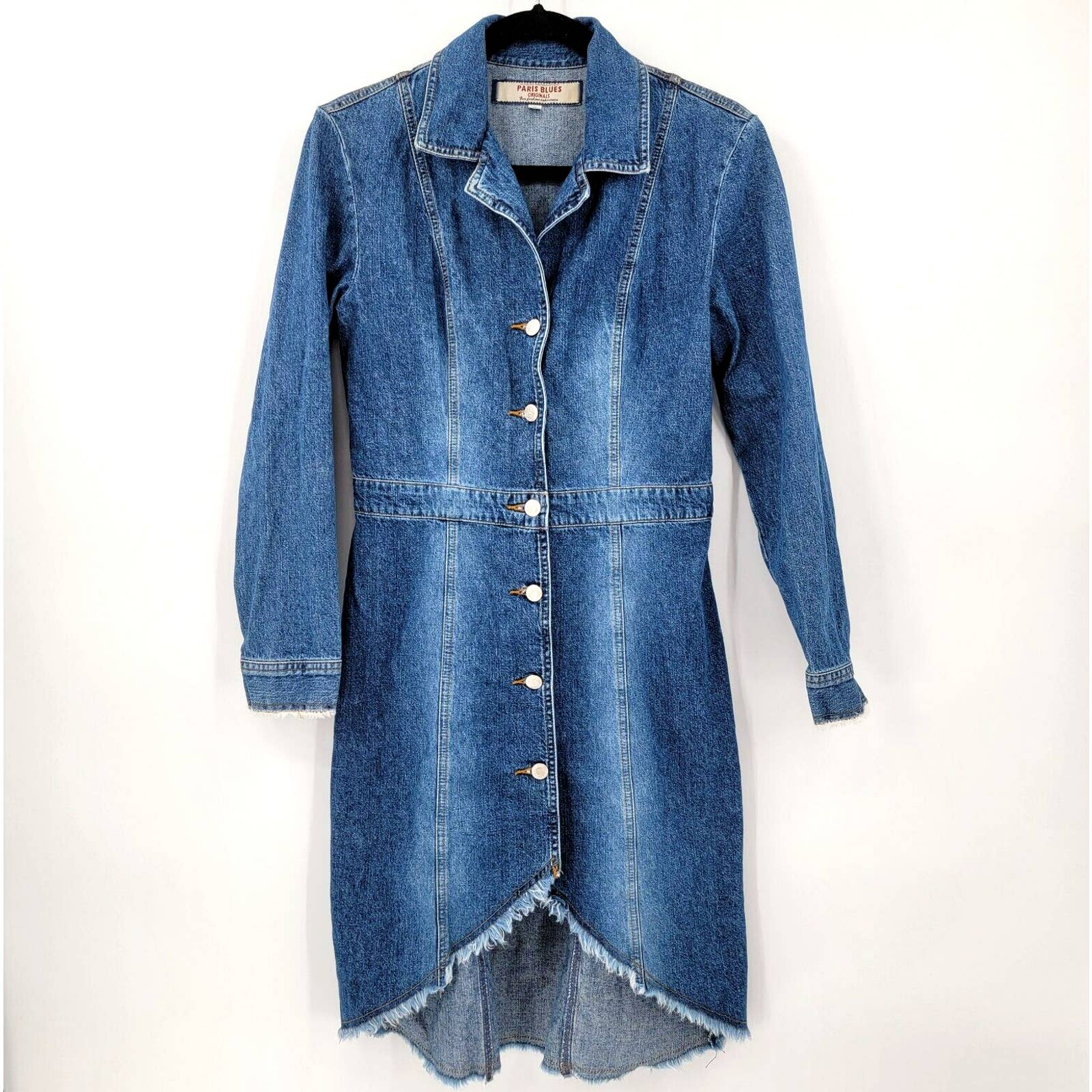 Paris Blues 90s Denim Dress S Button Front Long Sleeve Distressed Raw Hem Hi Low