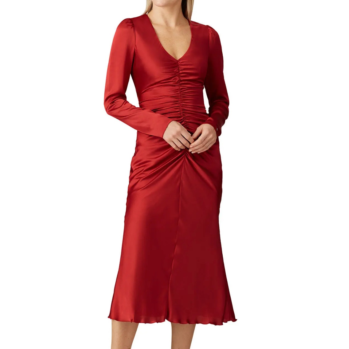 NISSA Dress Womens 6 Red Satin Ruched Center Midi V Neck Zip Lined
