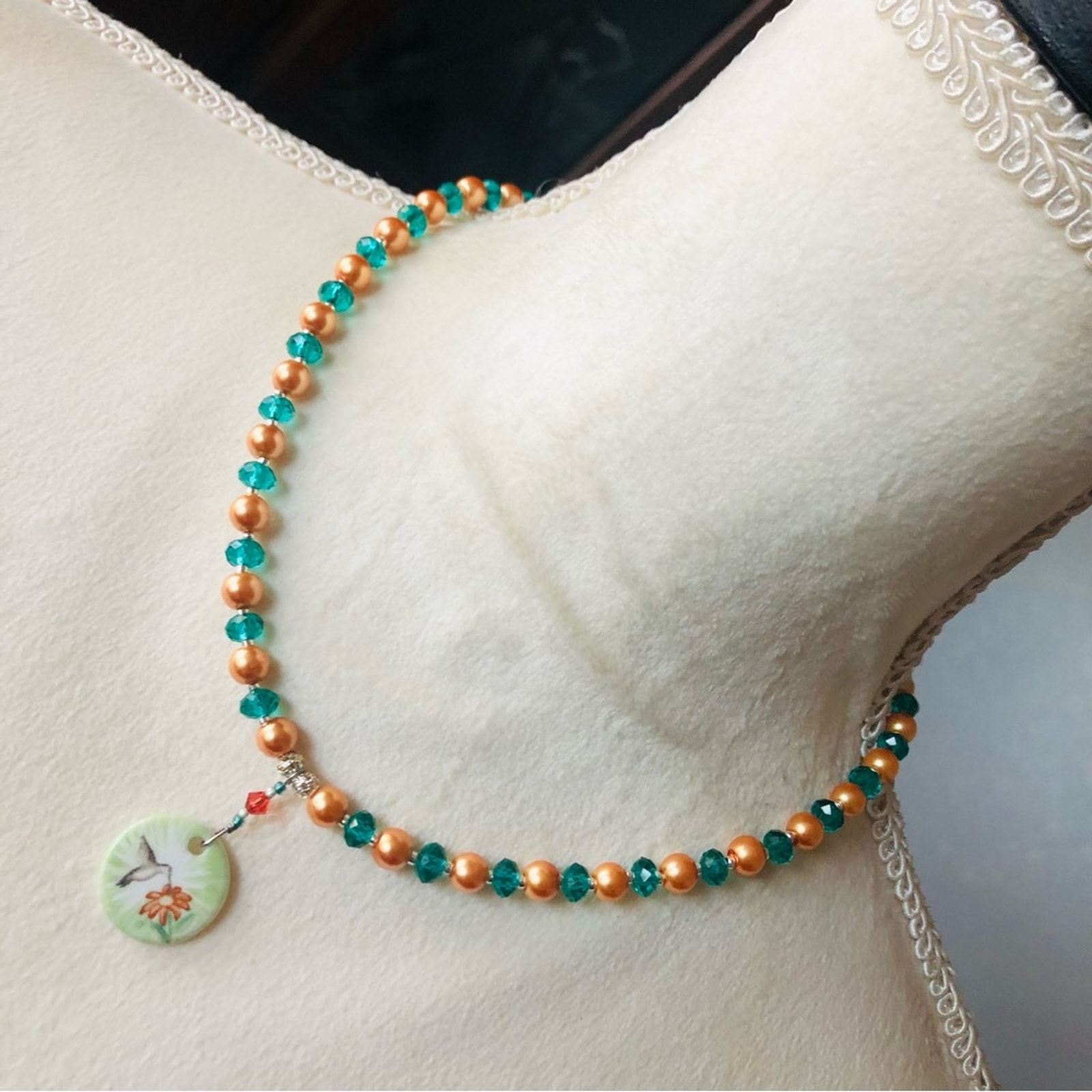 Handcrafted repurpose porcelain hummingbird disc Czech glass pearl necklace