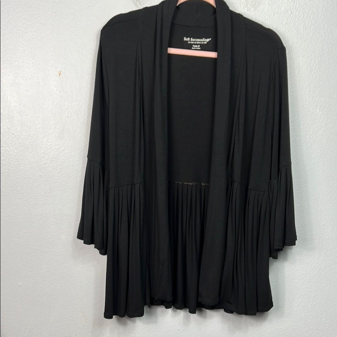 Soft Surroundings Black Open Front Pleated 3/4 Sleeve Cardigan Medium Petite