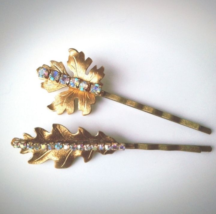 Gold Leaf Crystal Bobby Pins Hair Clips