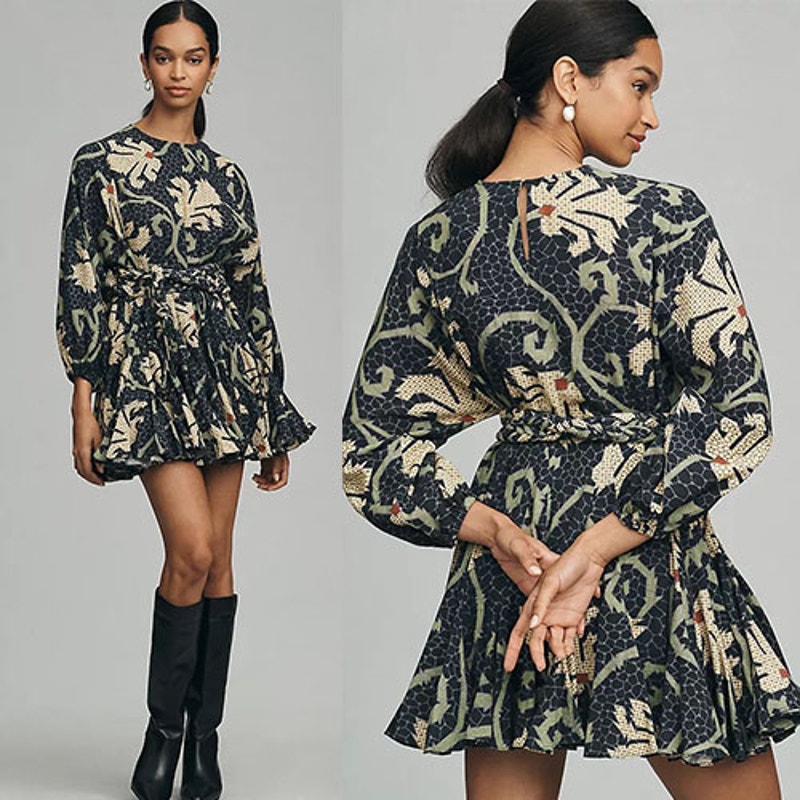 NWT Rhode Ella Long Sleeve Mini Dress Black Mosaic Blossom Grande Size: XS