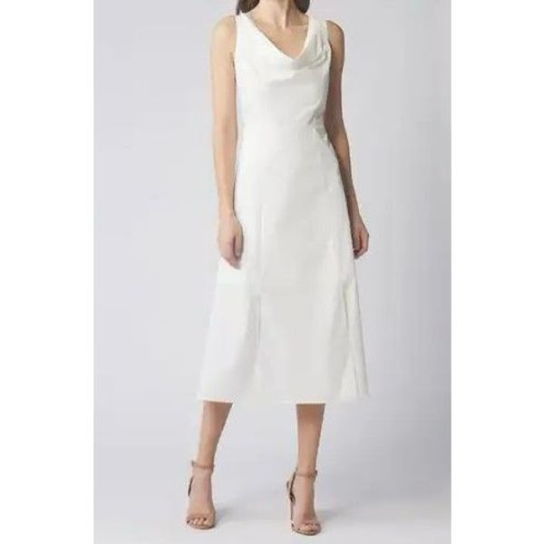 NWT Du Paradis Cream Sleeveless Cowl Neck Plisse Midi Sheath Silhouette Dress