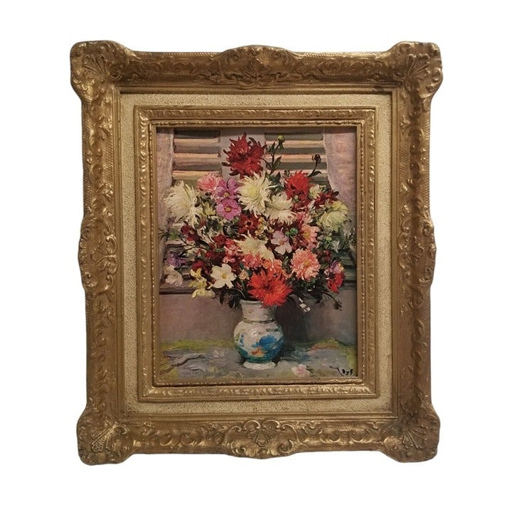 Vtg Floral Print Wall Decor 1970 HC USA Ornate Plastic Frame Still Life Flowers
