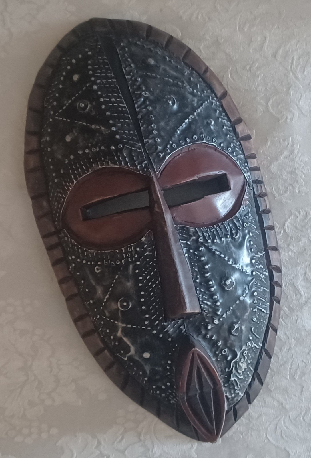 Vintage Handcrafted Wooden Tribal Mask / Embossed Metal Plate Made In Ghana 13''