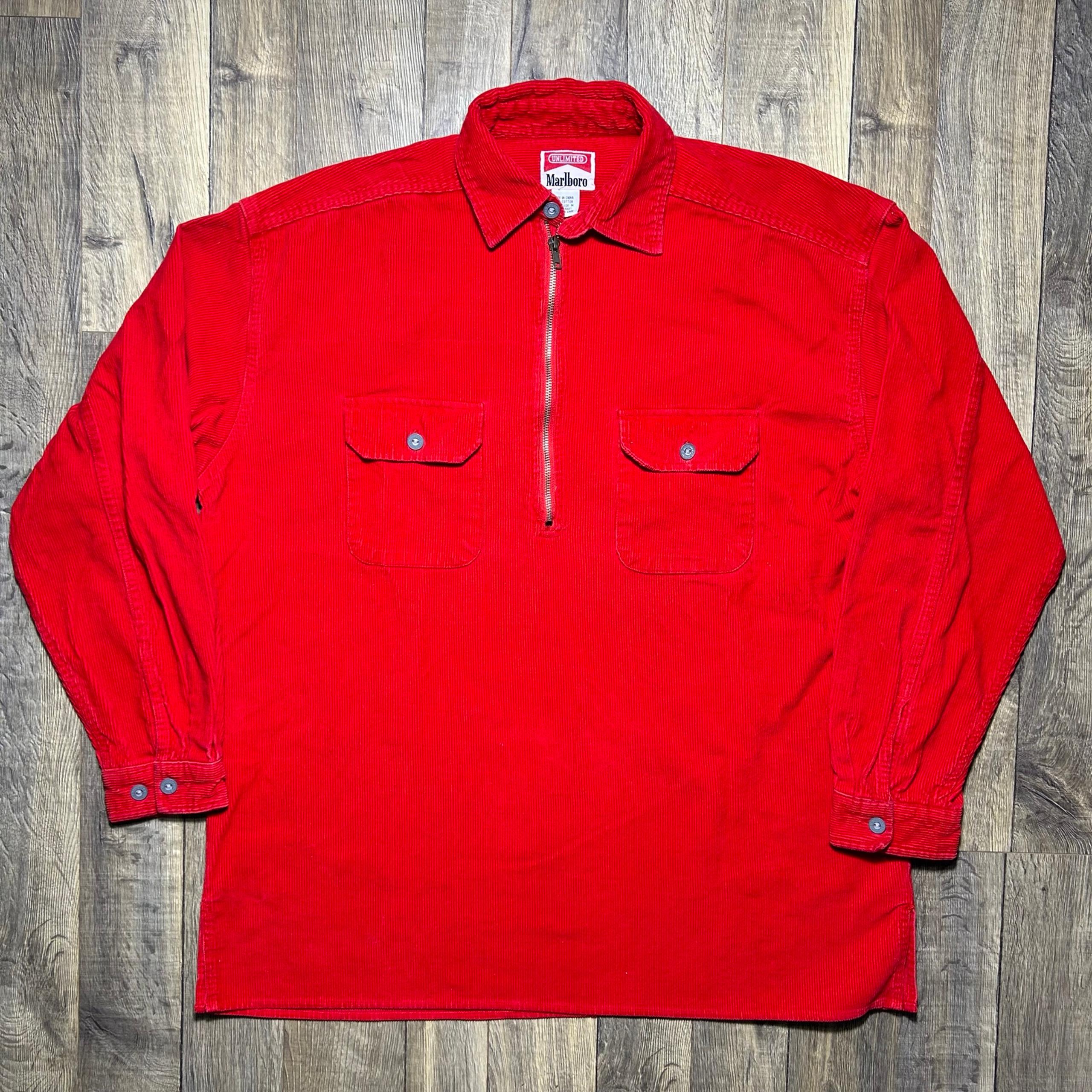 VTG Marlboro Shirt Mens Medium Red Heavy Corduroy 1/4 Zip Pullover 90s Shacket