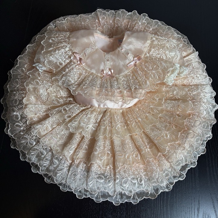 Vintage 80s XIOMARA Toddler Girl Size 2 Peach Frilly Pageant Party Circle Dress