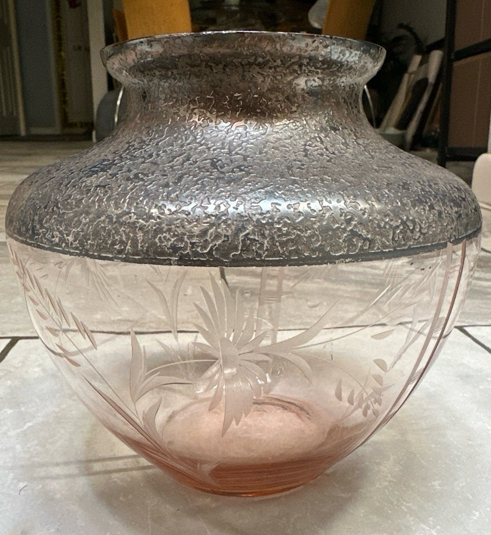 Antique Sterling Silver Deposit Etched Floral Peach Glass Vase 7”