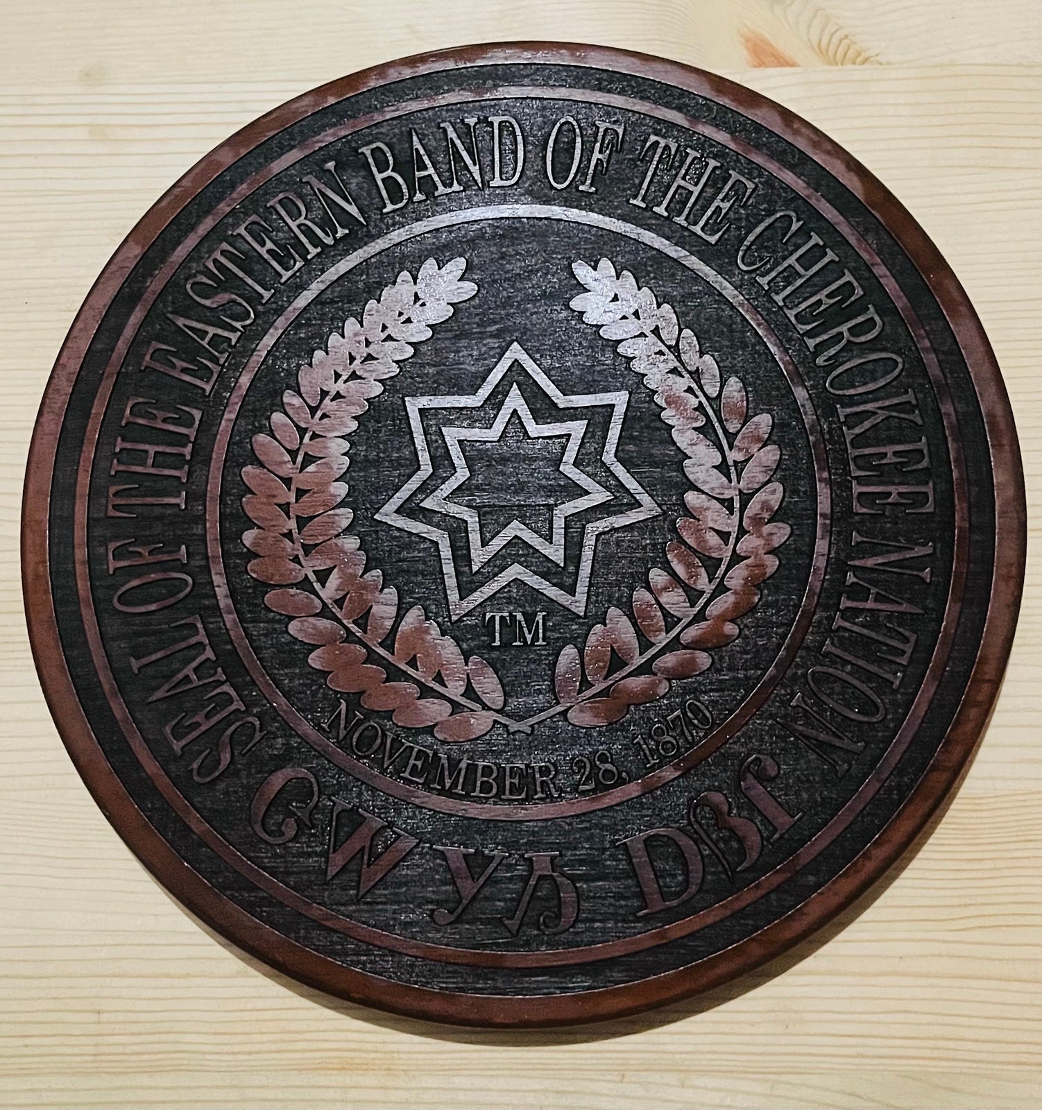 Red Mills MFG Seal of the eastern band of Cherokee nation wooden plaque