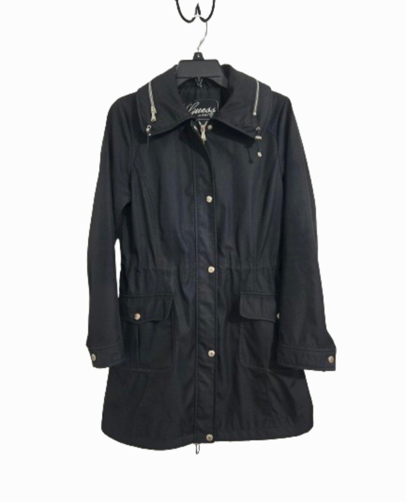 Guess Women's Trench Coat Size Medium Black Hooded Adjustable Waist Rain Snow