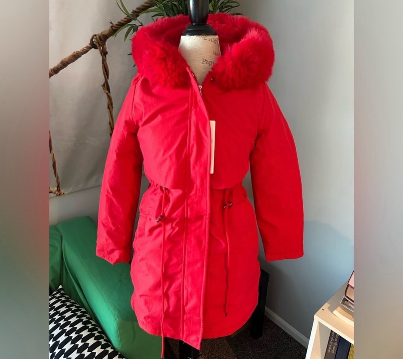 Coat Size Small Women Red New Parka Fur Lined Removable Fur