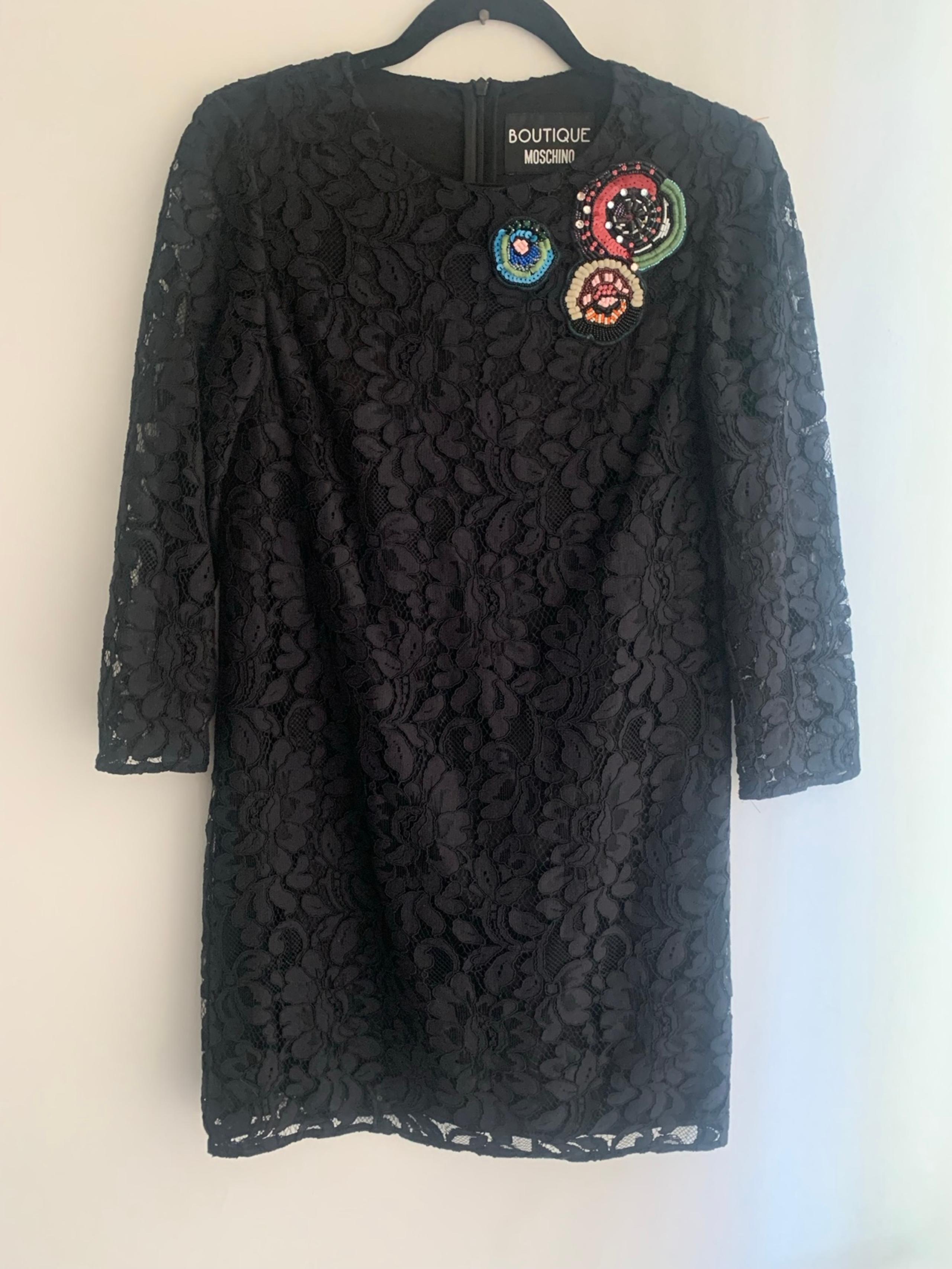 MOSCHINO Black Lace + Appliqué Mini Dress - Size 12 - Pristine!