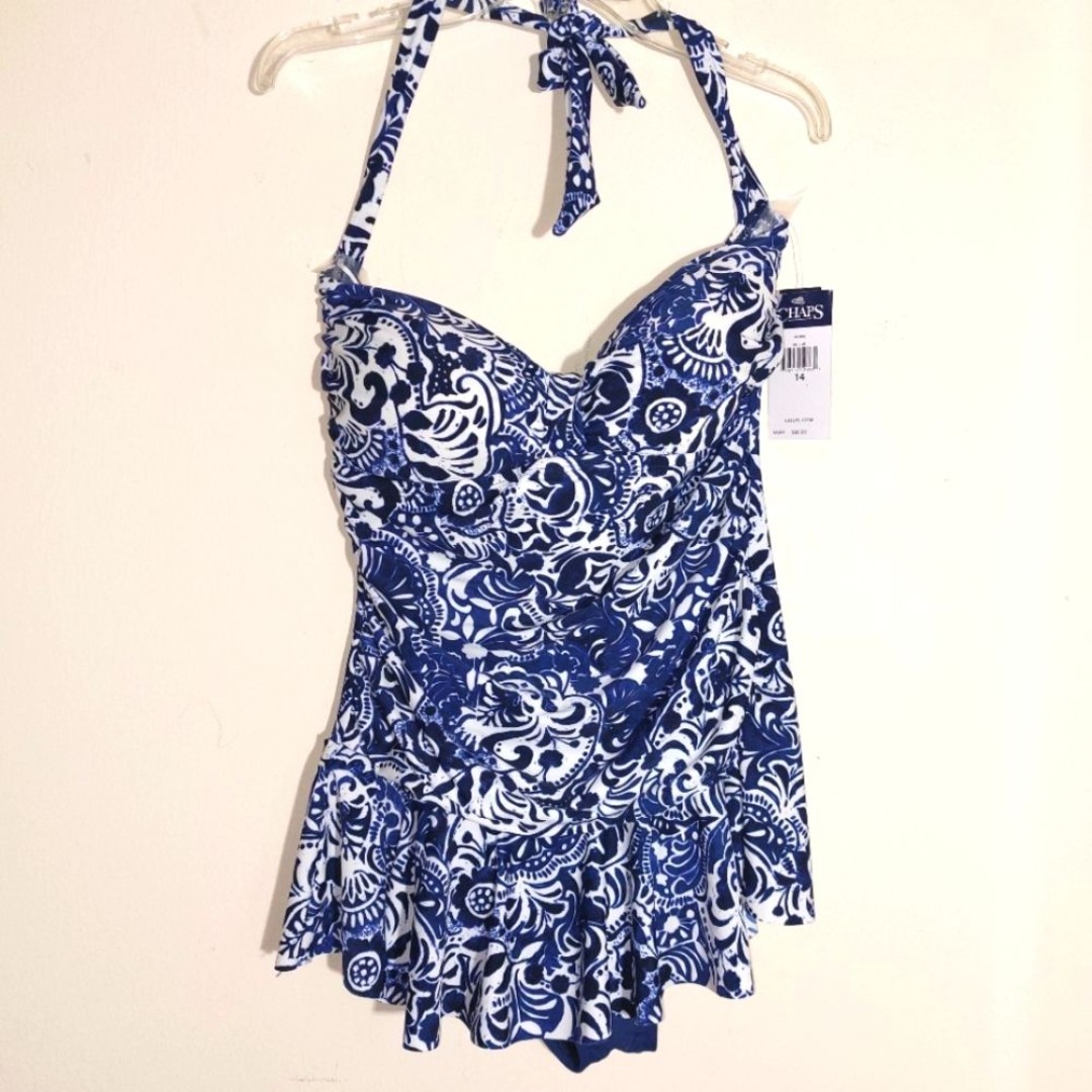 Chaps Women's Floral Paisley Padded One Piece Skirt Swimsuit Blue Plus Size NWT