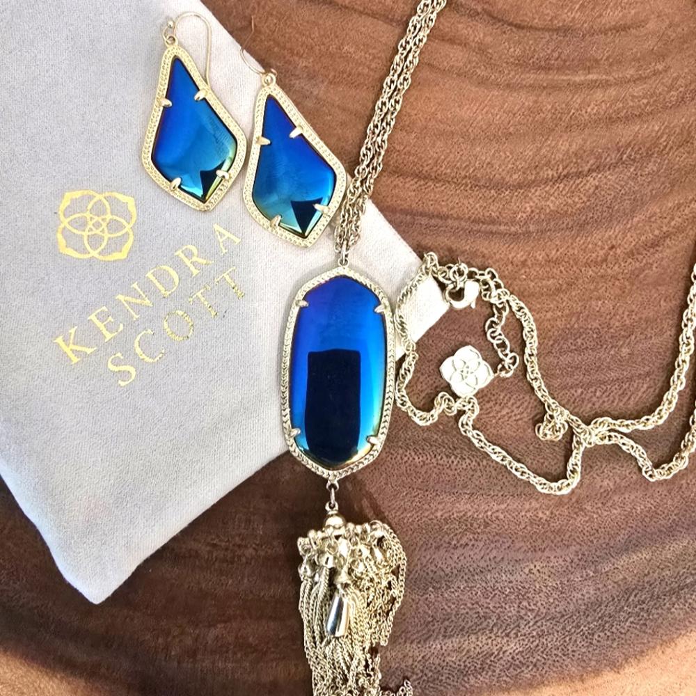 *Rare* Kendra Scott Rayne Necklace and Alex Earrings Black Iridescent Gold