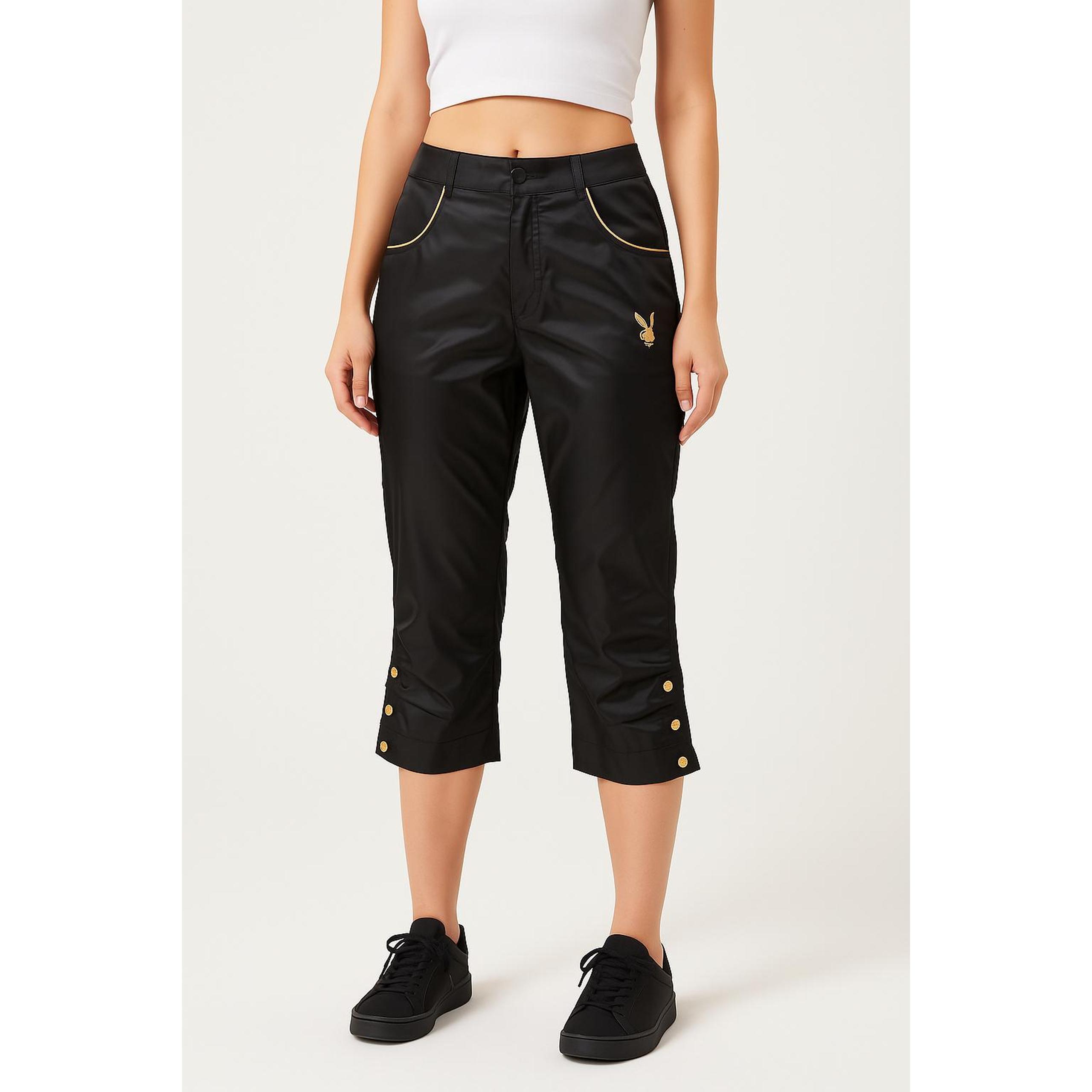 Playboy Womens Capri Pants Black Satin Snap Button Piped Y2K Streetwear Iconic L