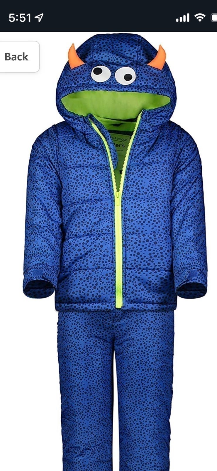 Carters toddler monster snow suit set