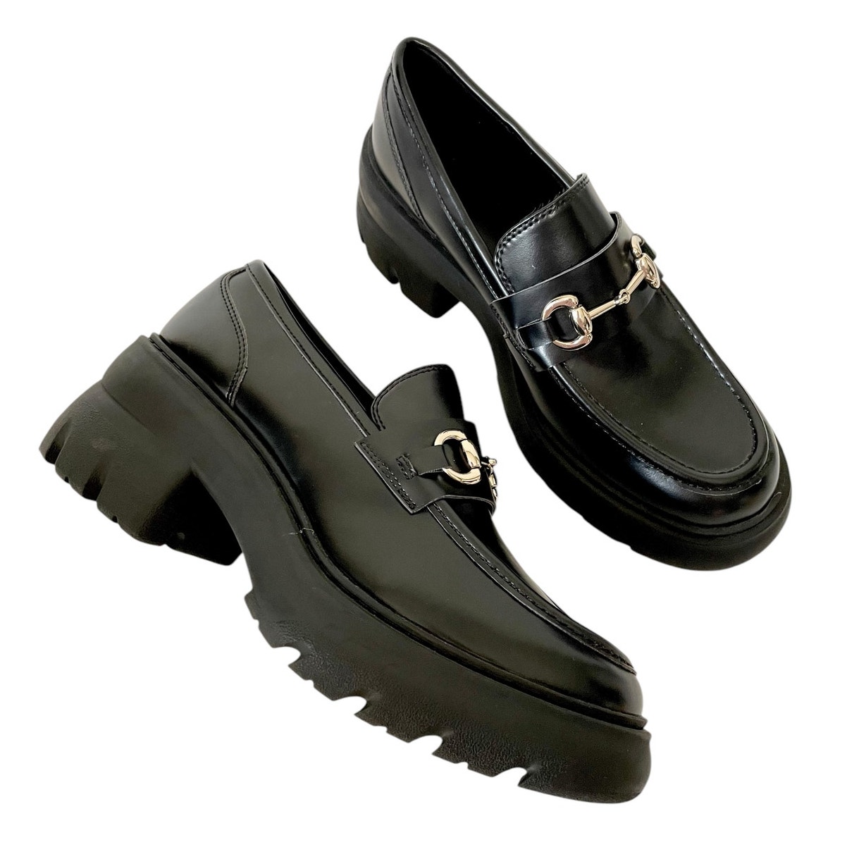 H&M Chunky Horsebit Loafers Lug Soles Black Silver Block Heel Size 40 US 9