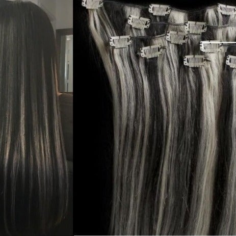 18 100% Clip in Human Hair Extensions 7Pcs,14 clips # 1B/613