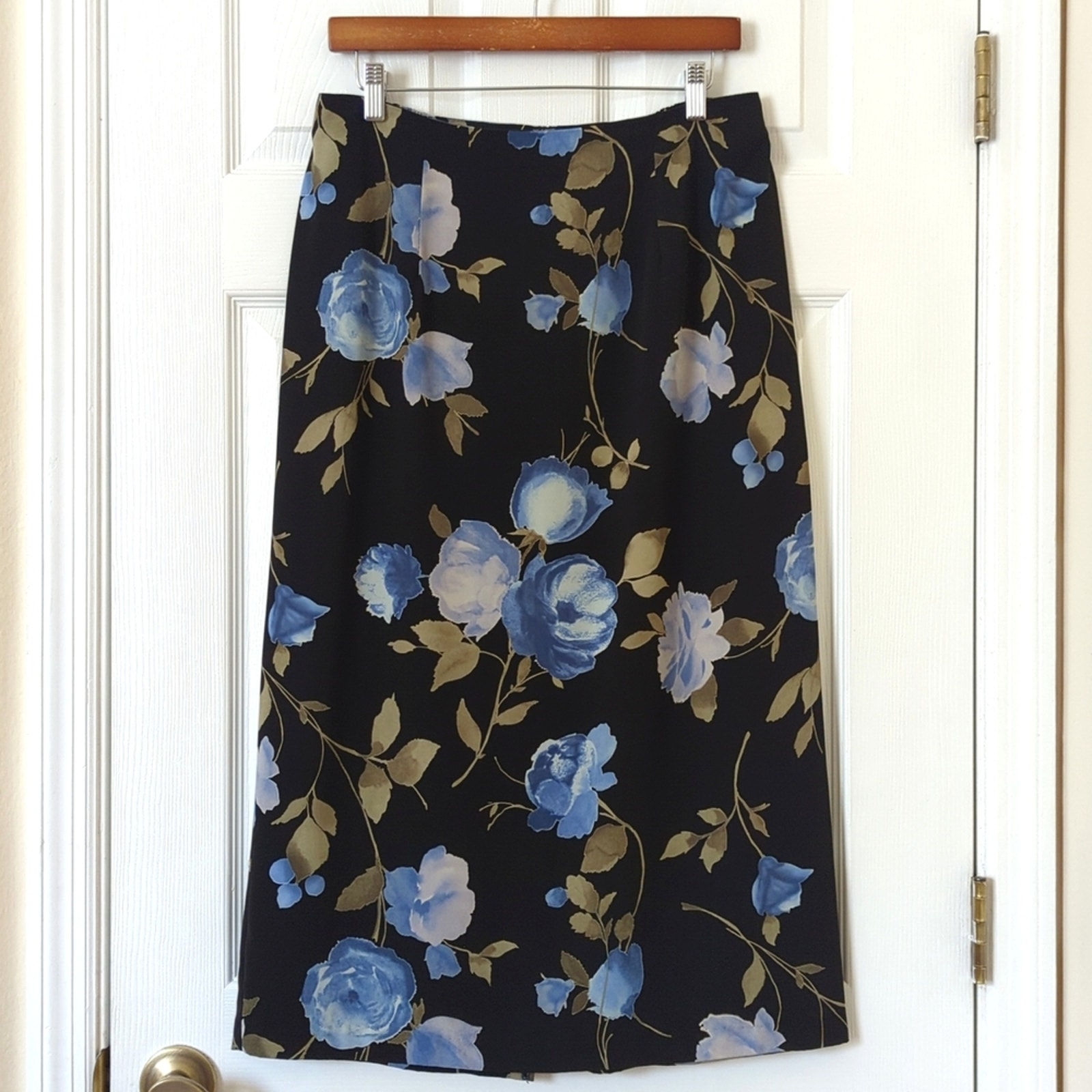 I.N. Studio 90's Vintage Floral High Waisted A-Line Midi Skirt Black Blue XLP