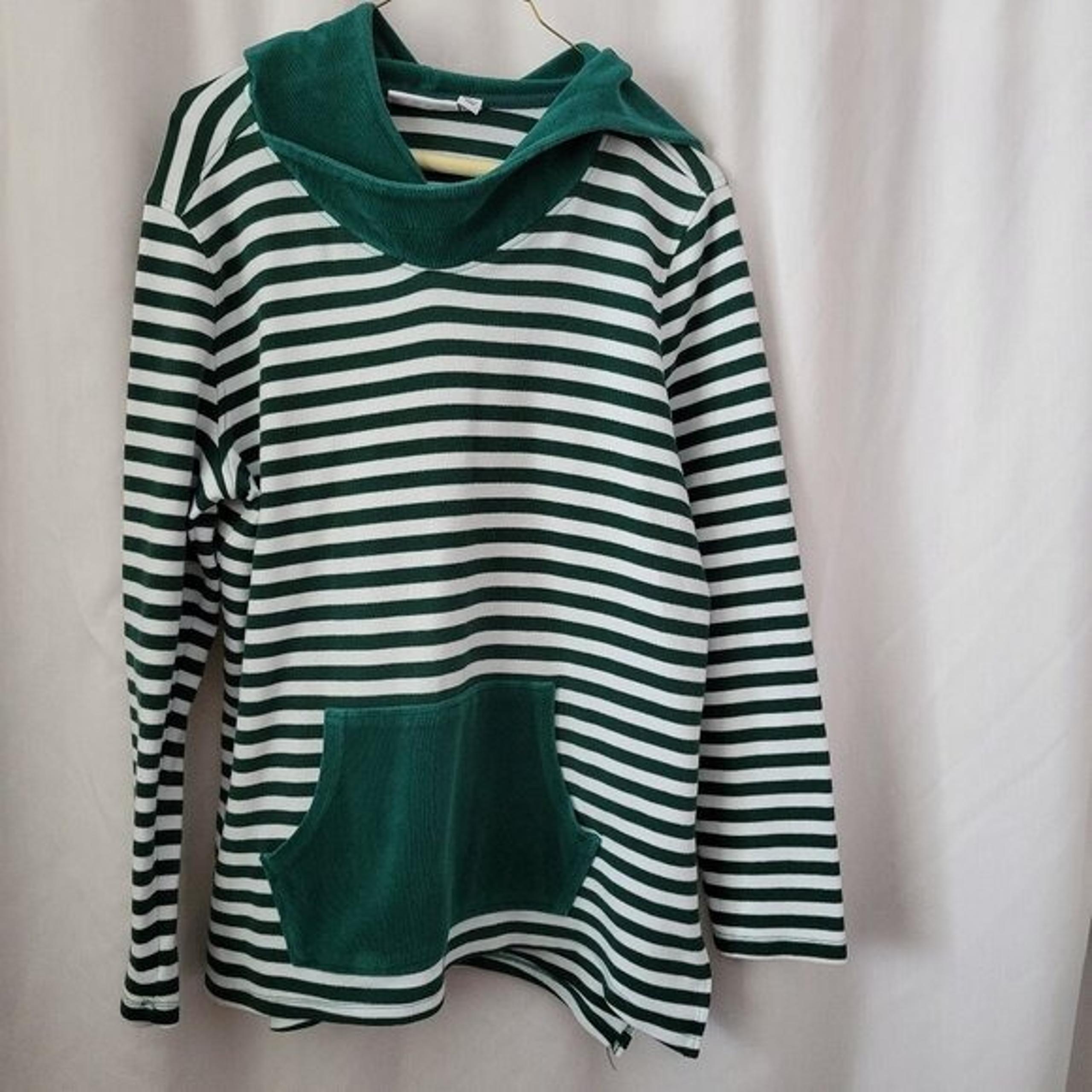 D & Co. Medium QVC Striped Green White Hoodie French Terry kangaroo pocket EUC